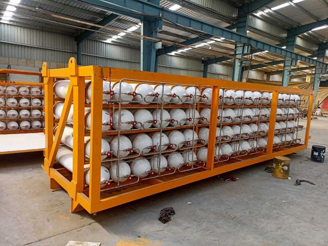 CNG cascade cylinder bank on a steel frame